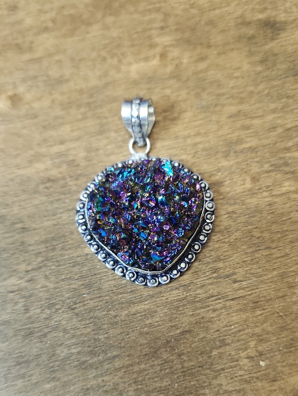 Silver-Tone Druzy Heart Pendant Necklace in Iridescent Purple and Blue